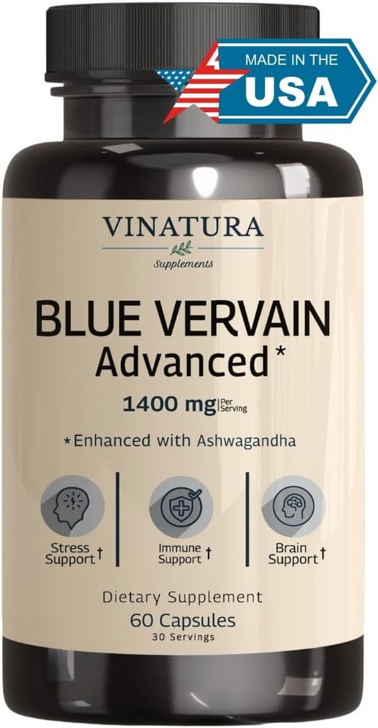 VINATURA Blue Vervain Advanced with Ashwagandha - 1400mg ανά σερβ, Blue Vervain Κάψουλες, Blue Vervain Tea Alternative, Brain Health, Stress Relief, Ashwagandha Συμπληρώματα - 60 Κάψουλες