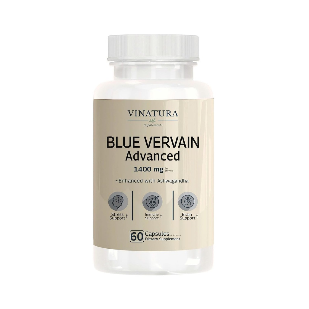 VINATURA Blue Vervain Advanced with Ashwagandha - 1400mg per serv, Blue Vervain Capsules, Blue Vervain Tea Alternative, Brain Health, Stress Relief, Ashwagandha Supplements - 60 Capsules
