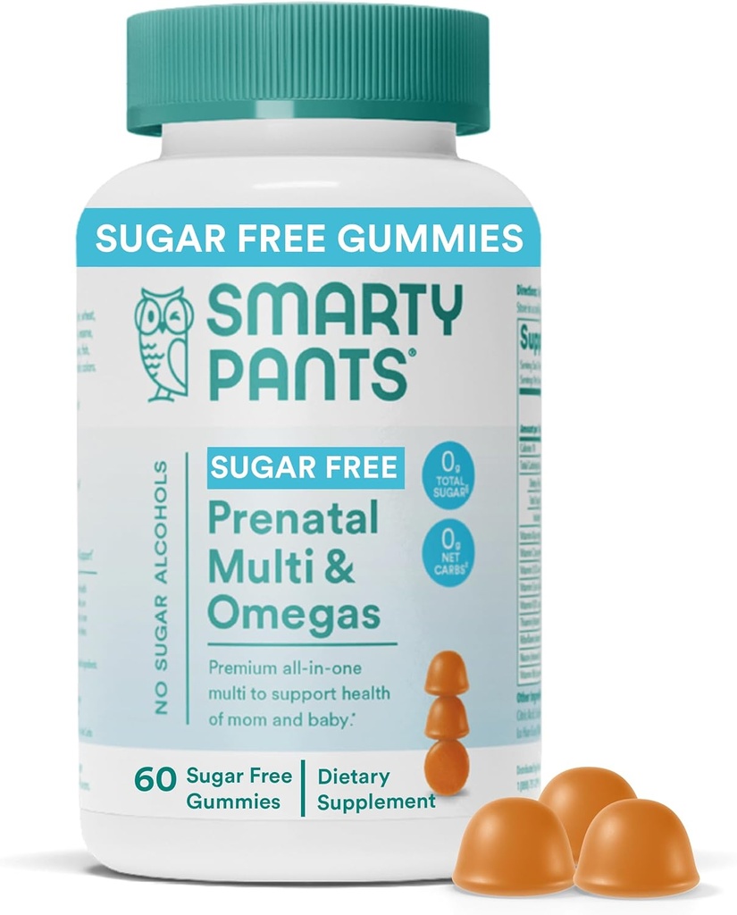 SmartyPants Prenatal Vitamins for Women, Sugar Free Multivitamin Gummies: Methylfolate, Omega 3 (ALA) Vitamin D3, C, Vitamin B12, B6, A, K & Zinc, Inositol, Erythritol Free, 60 Count (20 Day Supply)