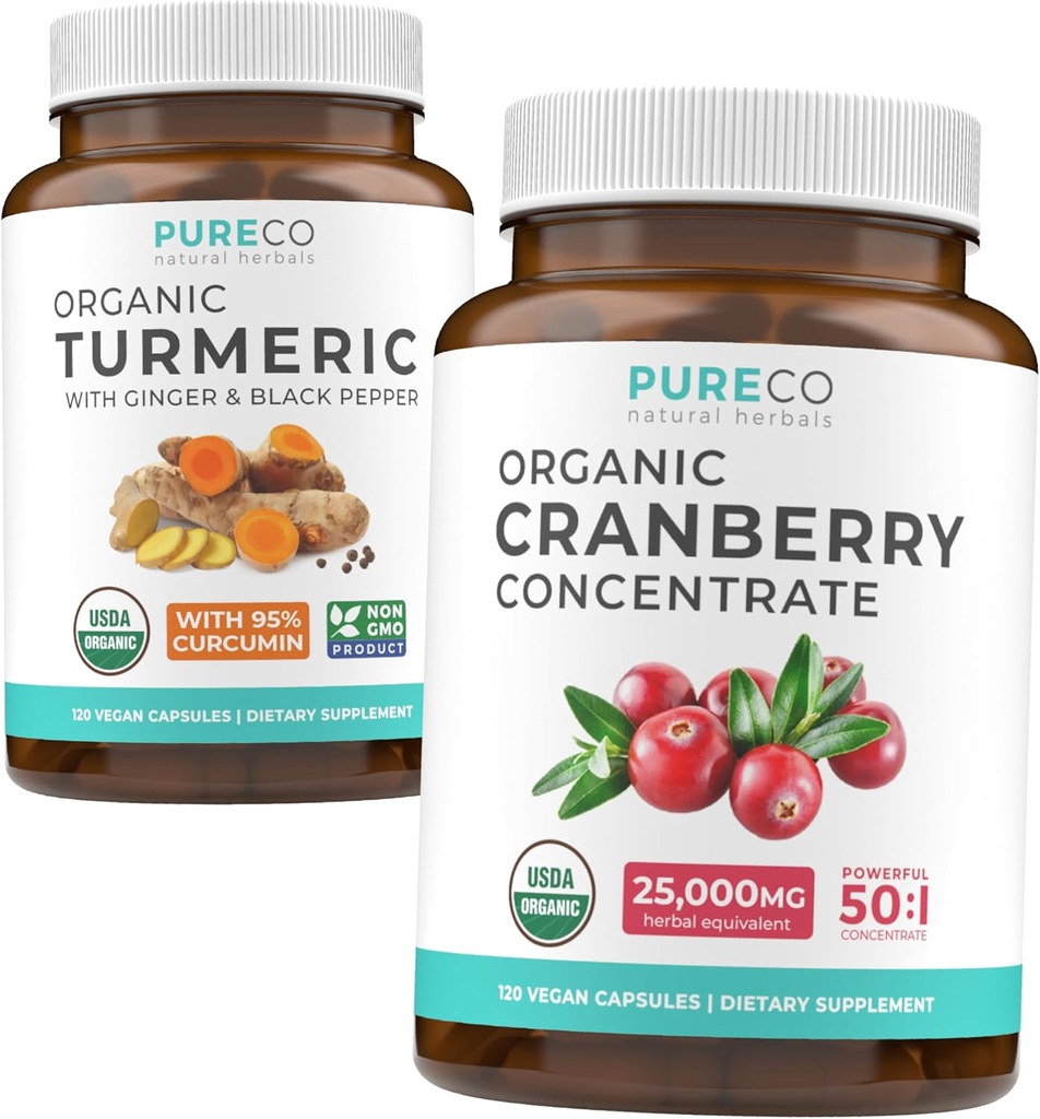 Συμπύκνωμα κουρκουμιών & βατόμουρων (4-Month Supply) Cranberry Curcumin Bundle of Organic Turmeric Curcumin with Black Pepper & Ginger (120 Caps) & Organic Cranberry Concent 50:1 Extract (120 Caps)