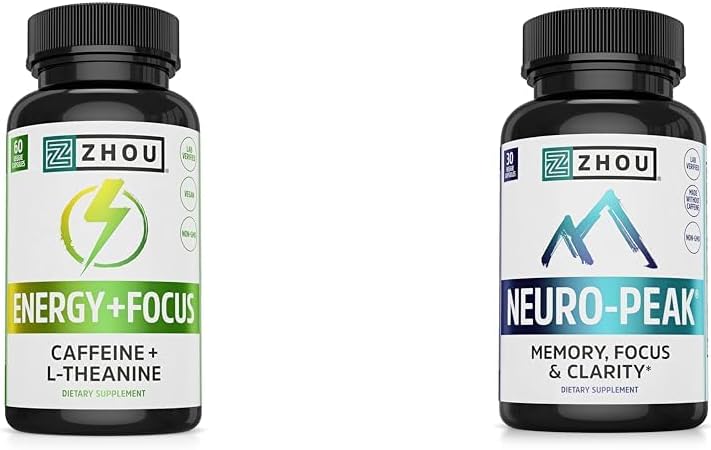 Zhou Caffeine 100mg L-Theanine 200mg Nootropic 60 Capsules and Neuro Peak Brain Support DMAE Bacopa 30 Capsules