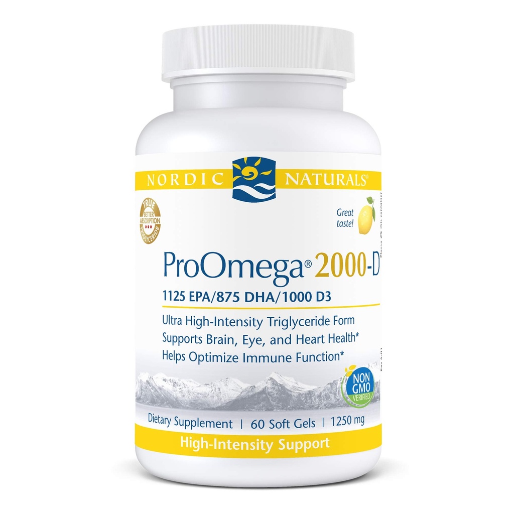 Nordic Naturals ProOmega 2000-D - Fish Oil, 1125 mg EPA, 875 mg DHA, 1000 IU Βιταμίνη D3, Καρδιαγγειακή, Νευρολογική, Οφθαλμική και Ανοσολογική Υγεία, Λεμόνι Γεύση, 60 Μαλακά Γέλη