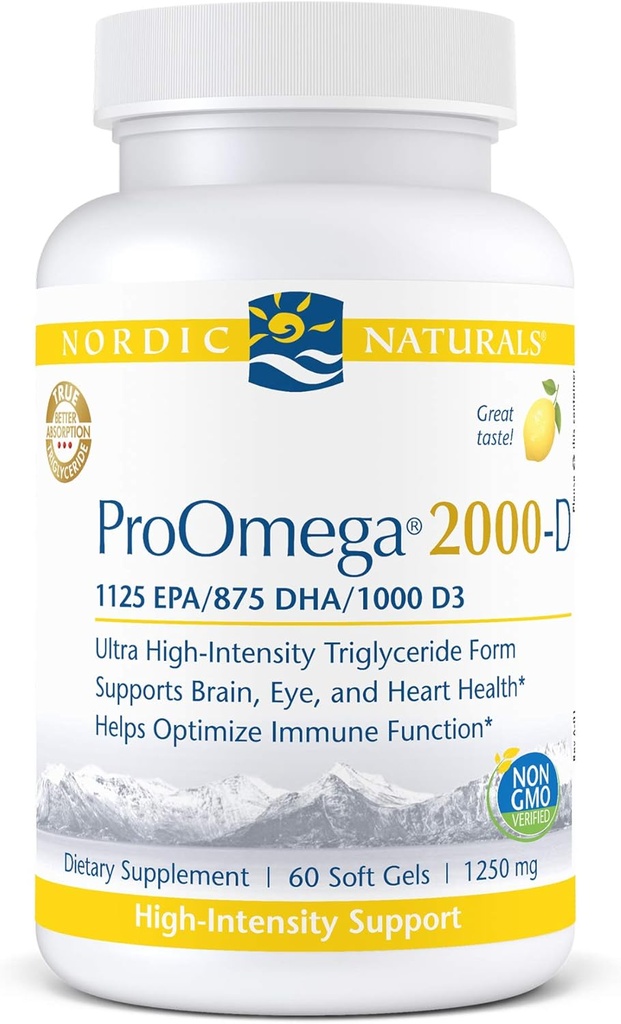 Nordic Naturals ProOmega 2000-D - Fish Oil, 1125 mg EPA, 875 mg DHA, 1000 IU Βιταμίνη D3, Καρδιαγγειακή, Νευρολογική, Οφθαλμική και Ανοσολογική Υγεία, Λεμόνι Γεύση, 60 Μαλακά Γέλη