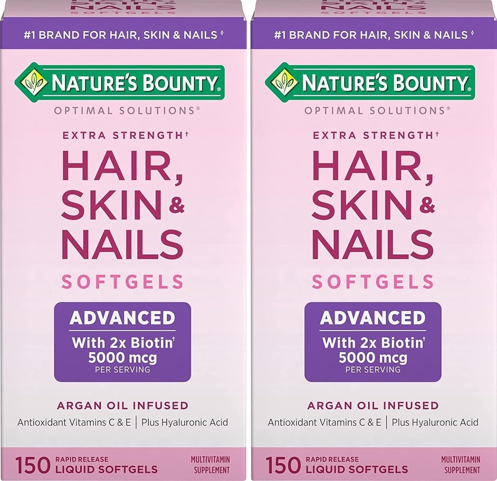 Nature's Bounty Hair, Skin & Nails Rapid Release Softgels, Argan-Infound Vitamin Supplement with Biotin and Hyaluronic Acid, Supports Hair, Skin, and Nail Health for Women, 150 Count (Pack of 2)