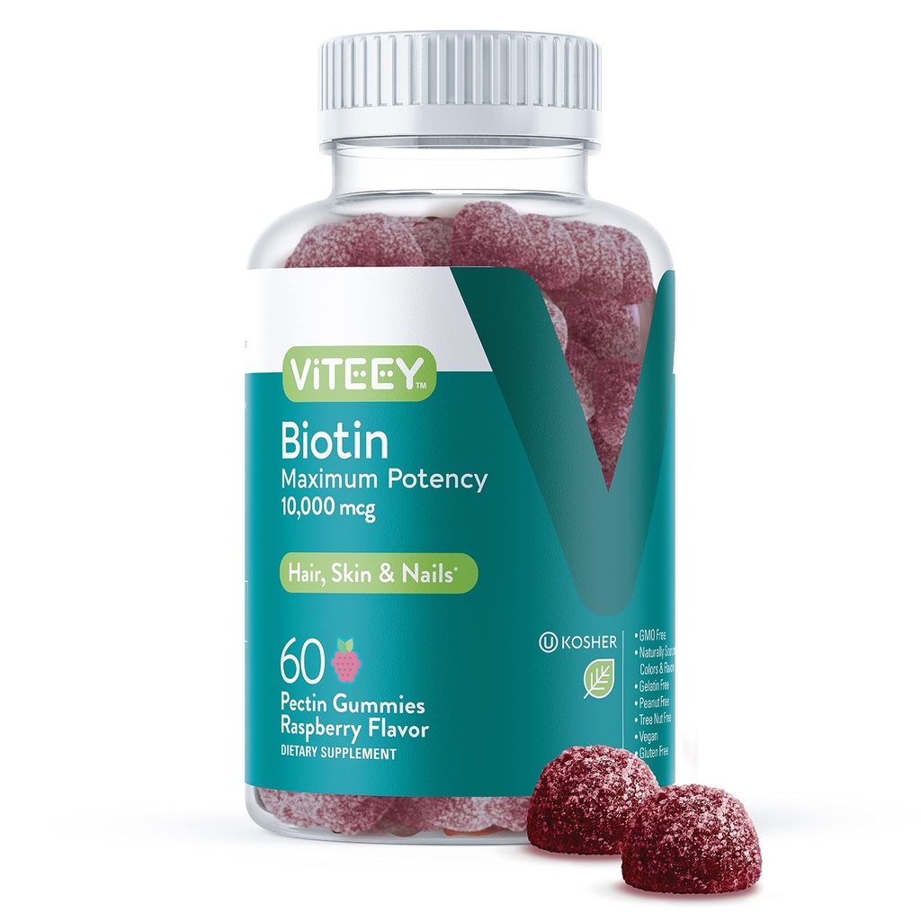 Viteey Biotin Gummies για το δέρμα των μαλλιών και τα νύχια - Βιοτίνη για την ανάπτυξη των μαλλιών Gummies - 10.000 mcg - Vegan, χωρίς γλουτένη, μη GMO – 60 κόμης