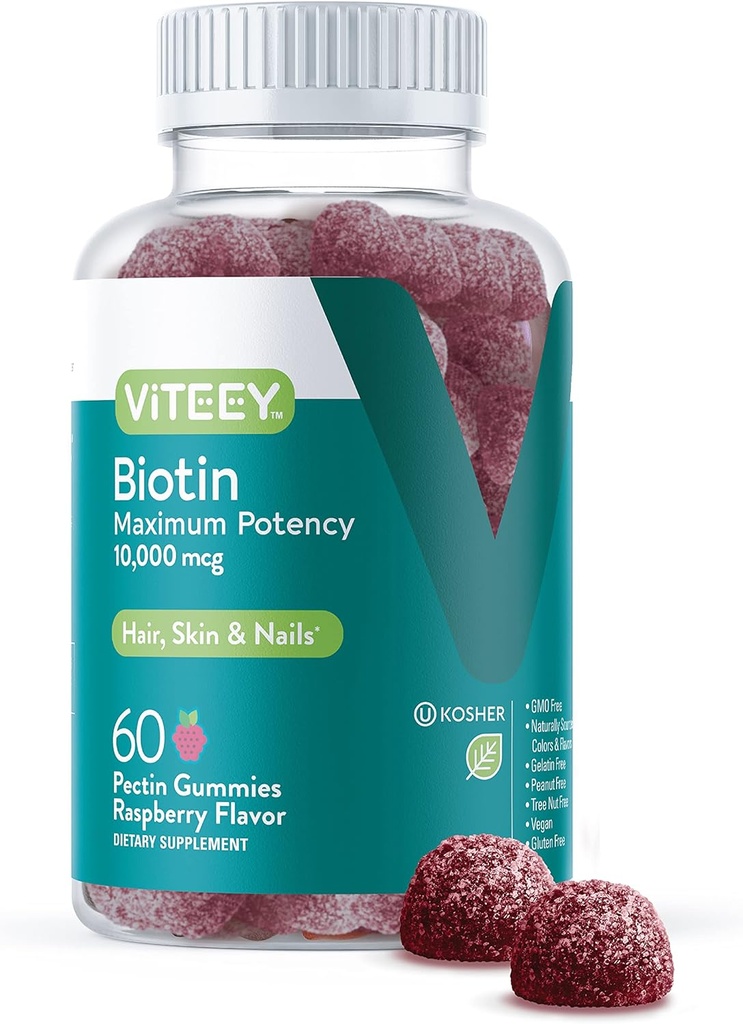 Viteey Biotin Gummies για το δέρμα των μαλλιών και τα νύχια - Βιοτίνη για την ανάπτυξη των μαλλιών Gummies - 10.000 mcg - Vegan, χωρίς γλουτένη, μη GMO – 60 κόμης