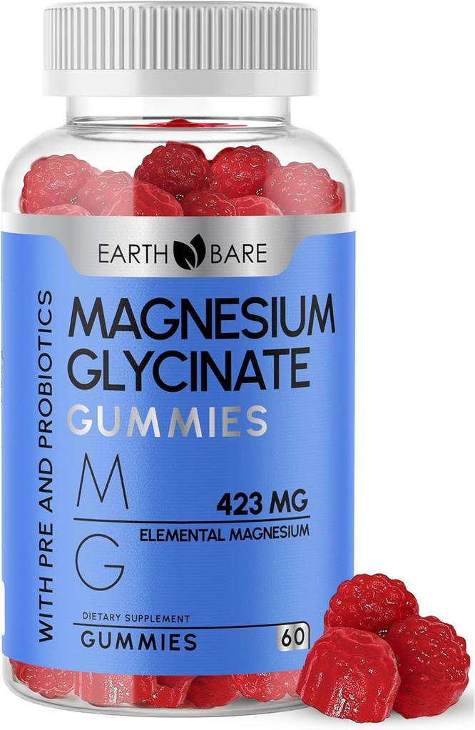 Γλυκινικό μαγνήσιο Glycinate Gummies - Υψηλής ισχύος συμπλήρωμα μαγνησίου με μέγιστο 423mg στοιχειακό μαγνήσιο, προ και προβιοτικά 