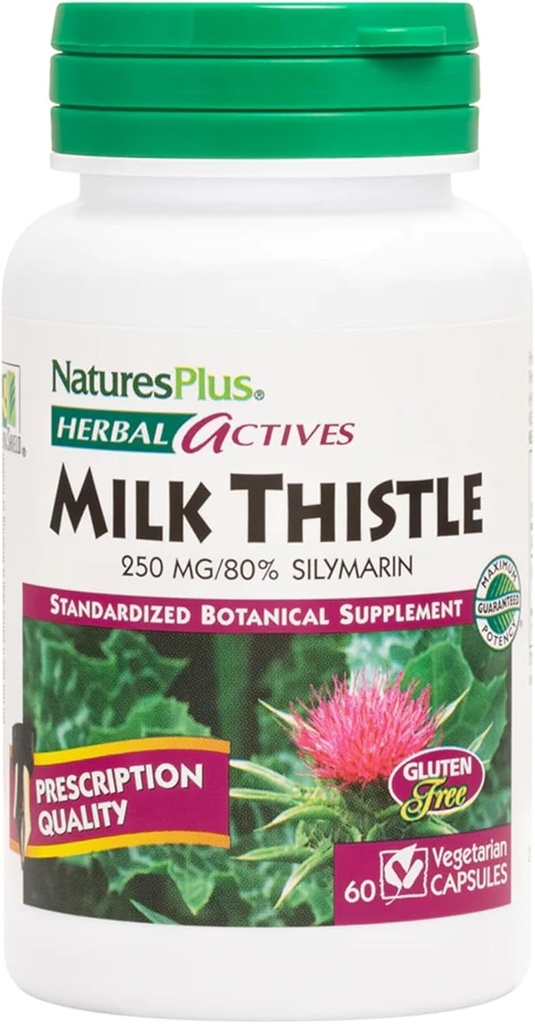 Natures Plus Herbal Actives Milk Thistle - 250 mg, 80% Silymarin, 60 Vegan Capses - Χορτοφαγικά, χωρίς γλουτένη - 60 Servings