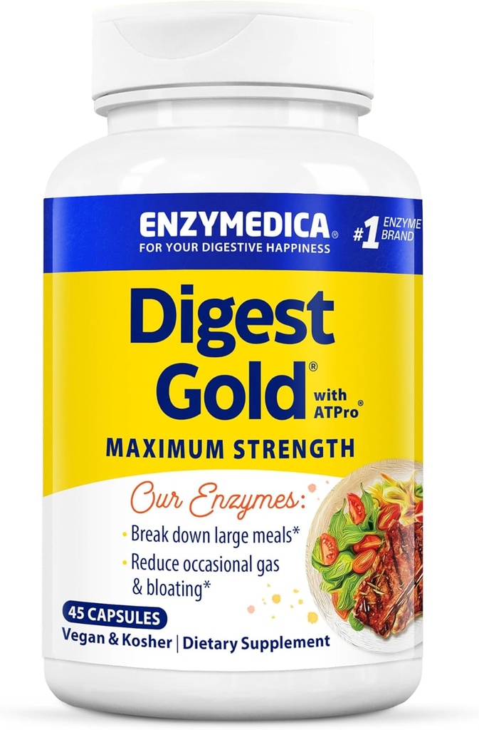 Enzymedica Digest Gold + ATPro, Μέγιστη Φόρμουλα Ενζύμου Δύναμης, Αποτρέπει την Ανέλκυση και Αέριο, 14 Βασικά Ένζυμα Συμπεριλαμβάνονται Αμυλάση, Πρωτάση, Λιπάση και Λακτάση, 45 Κάψουλες (FFP)