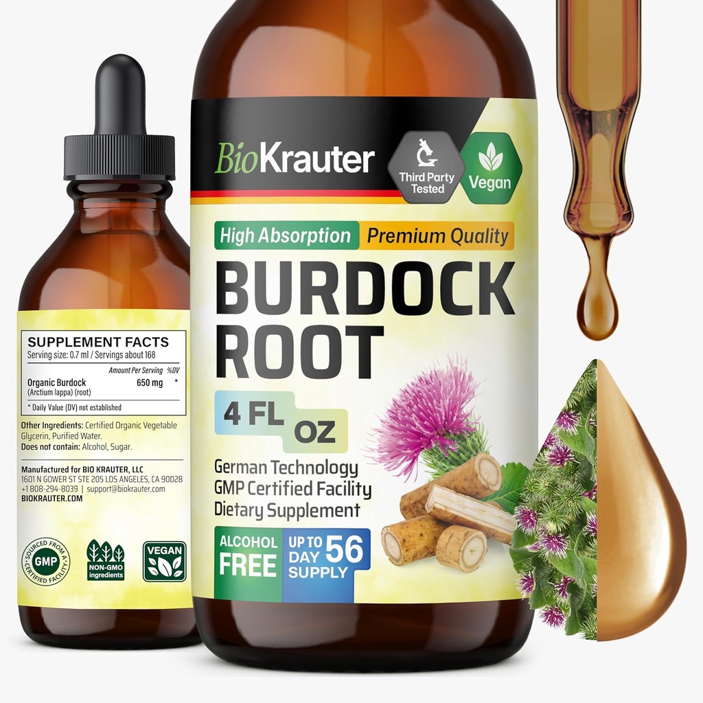 BIO KRAUTER Burdock Root Tincture - Αντιοξειδωτικό συμπλήρωμα υποστήριξης υγρού - Burdock Root Extract - Αλκοόλ και ζάχαρη δωρεάν - Vegan Drops 4 Fl.Oz.