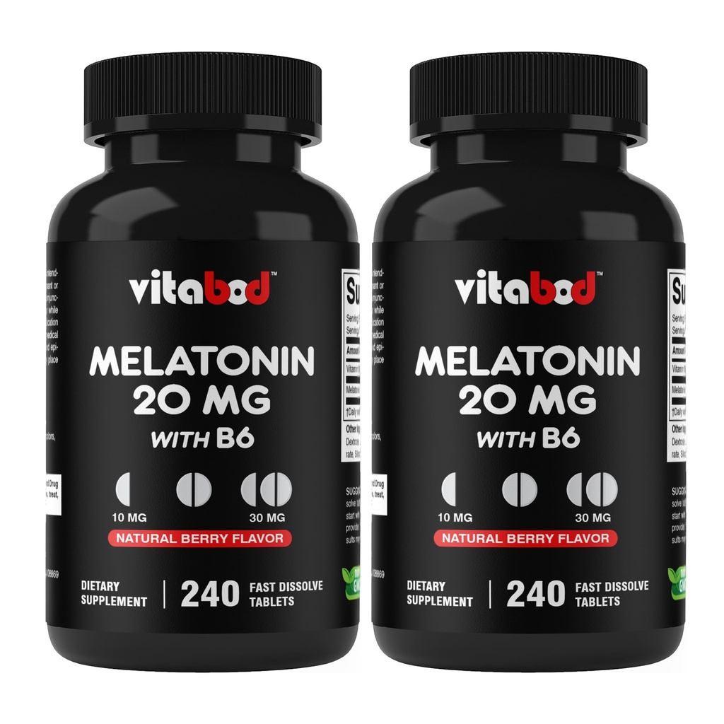Vitabod Melatonin 20 mg - 240 Fast Dissolve Tablets - Drug Free - Natural Berry Flavor - Vegetarian, Non-GMO, Gluten Free 240 Count (Pack of 2)