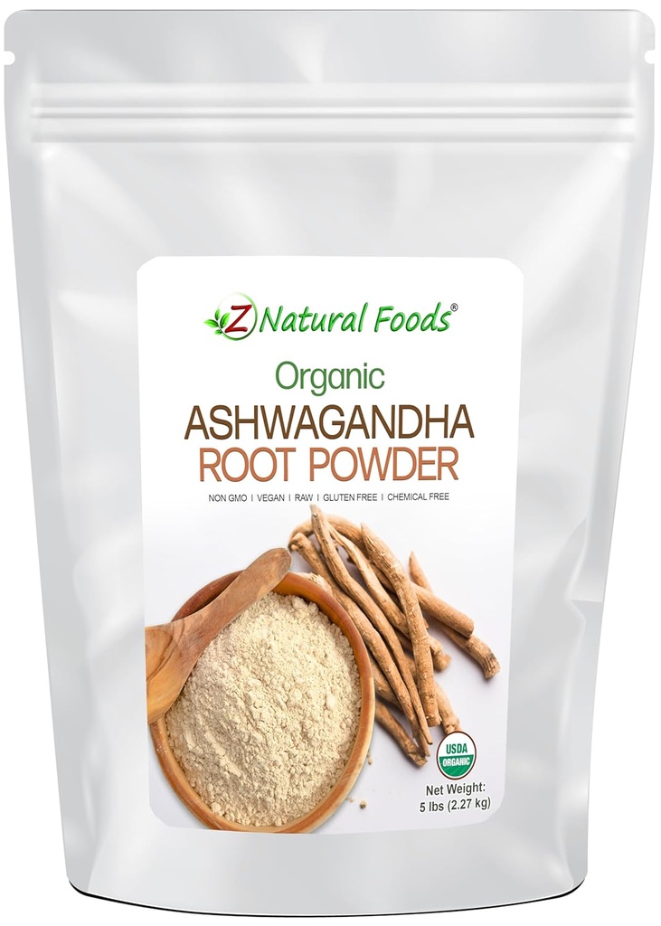 Z Natural Foods Organic Ashwagandha Root Powder - Bulk 5 lb Size - Powerful Adaptogen & Ayurvedic Superstar - Make Your Own Capsules & Pills - 100% Pure, Raw, Chemical Free, Non-GMO