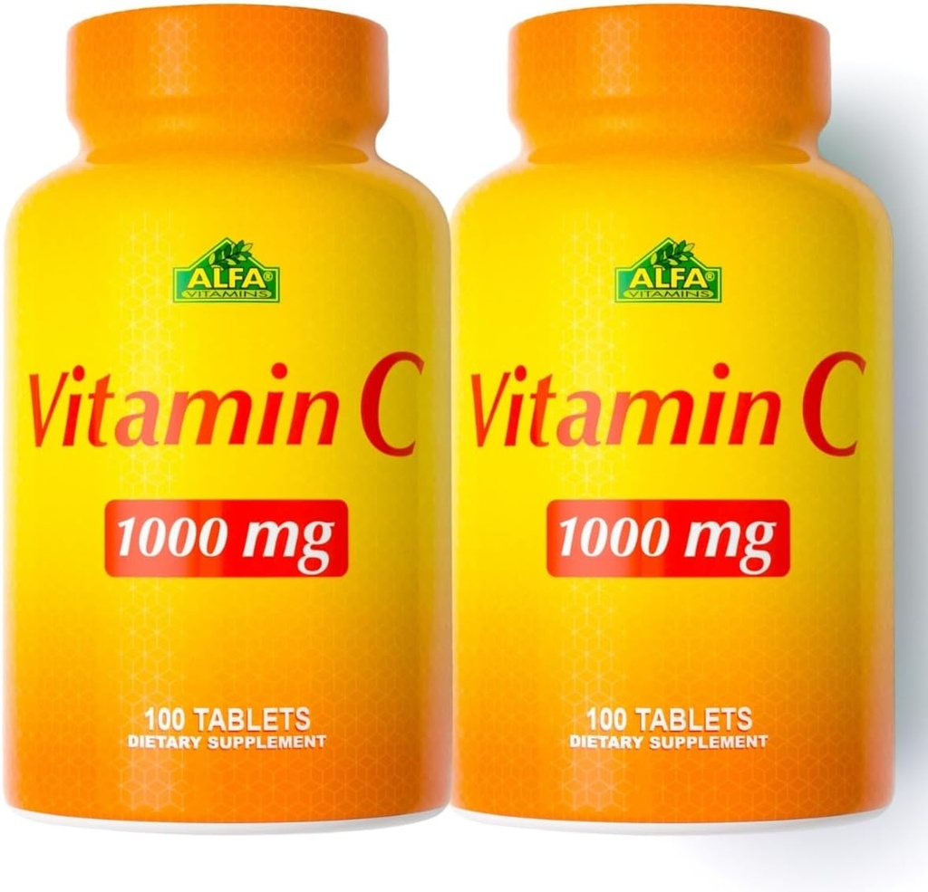ALFA VITAMINS Συμπλήρωμα βιταμίνης C 1000mg, Ισχυρό Αντιοξειδωτικό για την Ανοσολογική Υποστήριξη & Υγιές Δέρμα, Προάγει Σχηματισμό Κολλαγόνου, Συμπλήρωμα Διατροφής για την Καθημερινή Ευεξία, 100 δισκία, 2 φιάλες