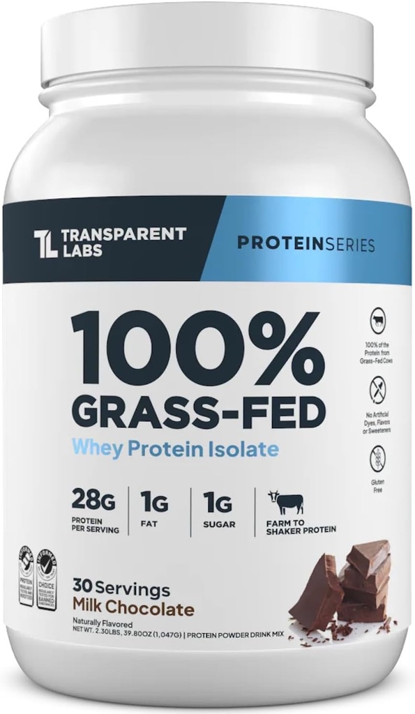 Διαφανές εργαστήριο Grass-Fed Whey Protein Isolate - Φυσικά αρωματισμένη, χωρίς γλουτένη πρωτεΐνη γάλακτος σκόνη με 28g πρωτεΐνης ανά σερβίρισμα & 9 Αμινοξέα - 30 Σερβιέτες, σοκολάτα γάλακτος