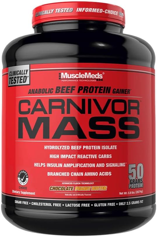 MuscleMeds CARNIVOR Mass Gainer Beef Protein Isolate Shake, 50 Grams Protein, 125 Grams Carbs, 0 Λιπαρά, 0 Ζάχαρη, Λακτόζη Χωρίς, Hanal Certified, Σοκολάτα Φυστικοβούτυρο, 6 Λίρες