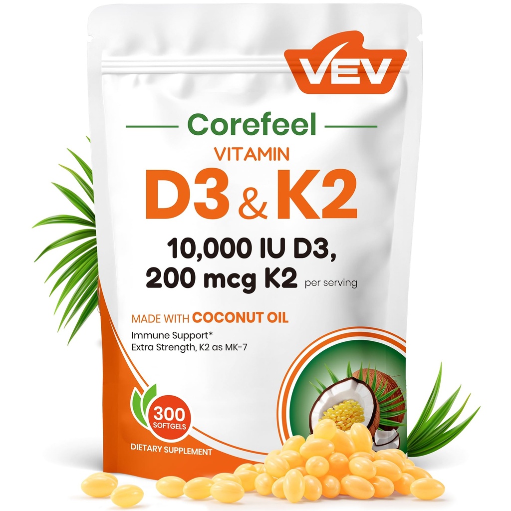 VEV Corefeel Βιταμίνη D3 K2 10.000 IU, 200 mcg MK-7, 300 Coconut Oil Softgels, 2 σε 1 Συμπλήρωμα Βιταμινών D & K (Περιλάβετε MK7), Εύκολη κατάποση, Υποστηρίζει την απορρόφηση ασβεστίου, την υγεία των οστών