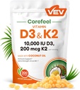 VEV Corefeel Βιταμίνη D3 K2 10.000 IU, 200 mcg MK-7, 300 Coconut Oil Softgels, 2 σε 1 Συμπλήρωμα Βιταμινών D & K (Περιλάβετε MK7), Εύκολη κατάποση, Υποστηρίζει την απορρόφηση ασβεστίου, την υγεία των οστών