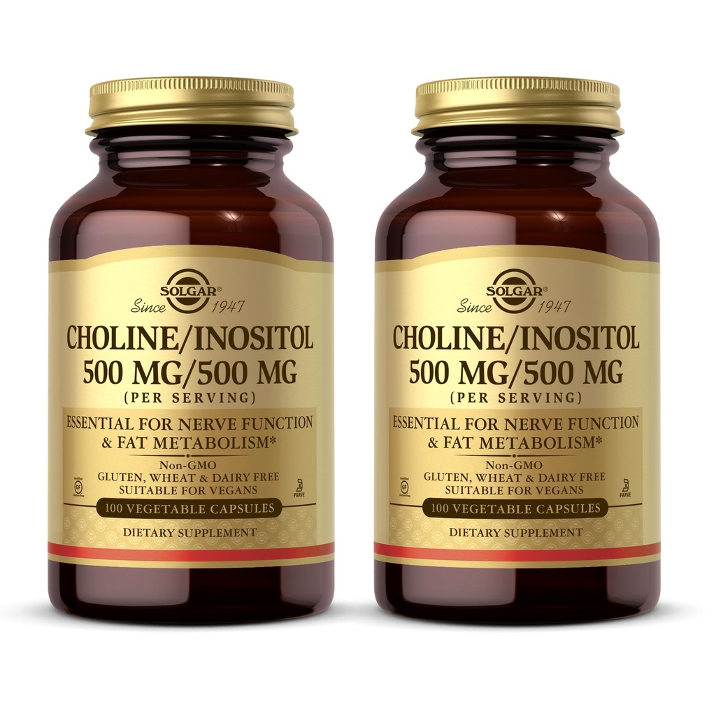 Solgar Choline/Inositol 500 mg/500 mg, 100 κάψουλες λαχανικών (πακέτο των 2) - Ενεργειακός Μεταβολισμός, Ηπατική Υγεία, Απαραίτητη για τη λειτουργία του εγκεφάλου & των νεύρων - Μη ΓΤΟ, Vegan, Kosher - 100 Σύνολο Υπηρεσιών
