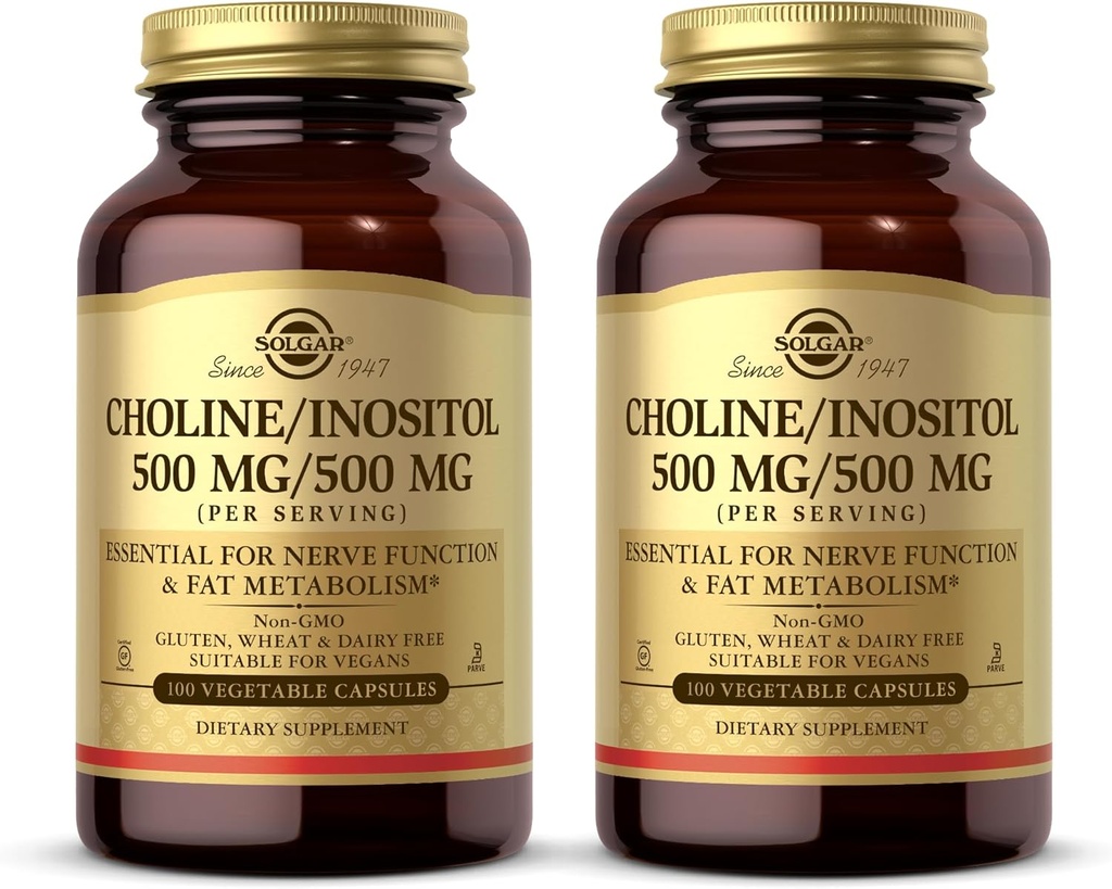 Solgar Choline/Inositol 500 mg/500 mg, 100 κάψουλες λαχανικών (πακέτο των 2) - Ενεργειακός Μεταβολισμός, Ηπατική Υγεία, Απαραίτητη για τη λειτουργία του εγκεφάλου & των νεύρων - Μη ΓΤΟ, Vegan, Kosher - 100 Σύνολο Υπηρεσιών