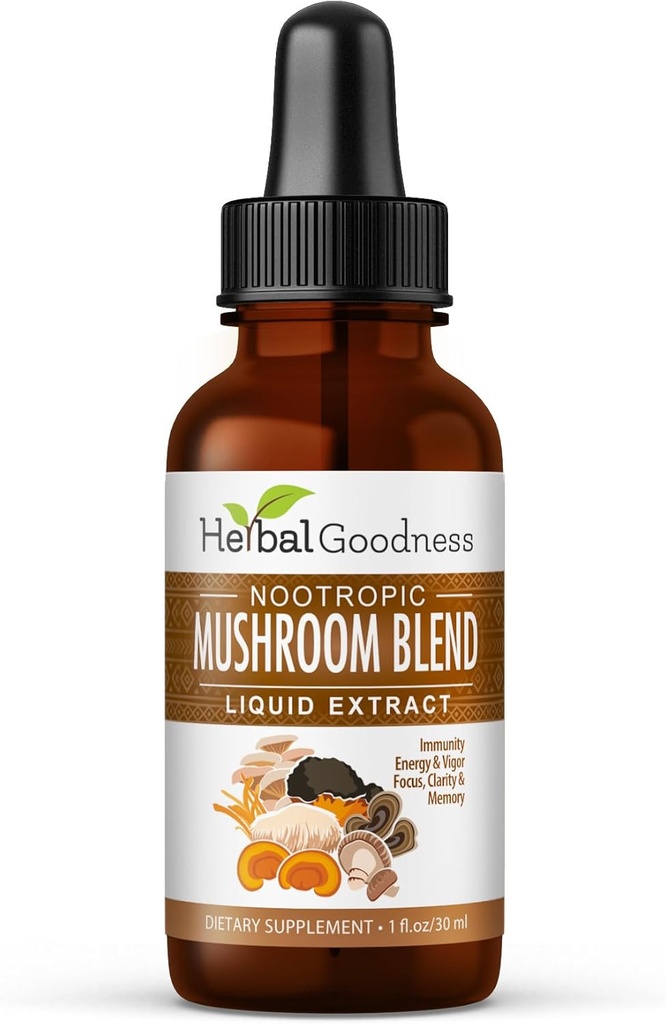 Nootropic 8-in-1 Mushroom Extract Liquid - 1 fl. oz Bottle | Lion's Mane, Reishi, Turkey Tail, Cordyceps, Chaga, Maitake, Shiitake & Oyster Mushroom Tincture | Immune Support & Cognitive Function