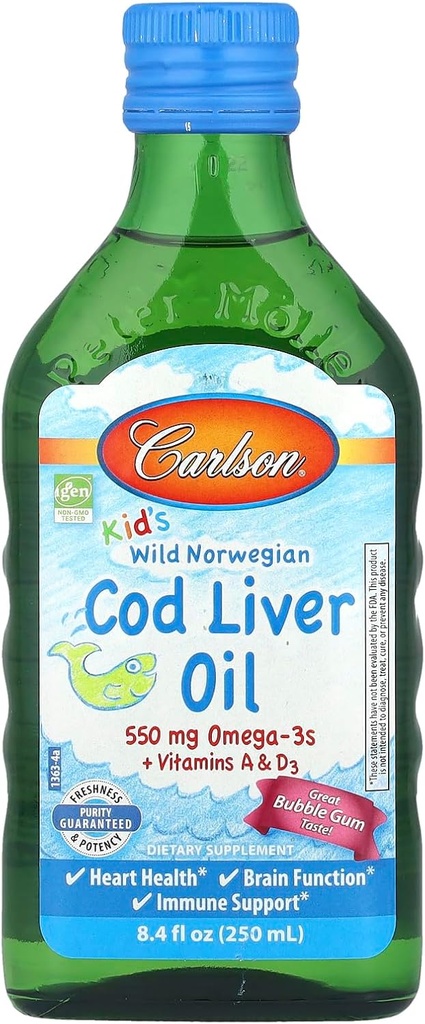 Carlson Kid's Wild Norwegian, Cod Liver Oil + Βιταμίνες A & D3, Bubble Gum, 8.4 fl oz (250 ml)