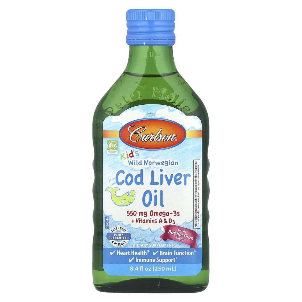 Carlson Kid's Wild Norwegian, Cod Liver Oil + Βιταμίνες A & D3, Bubble Gum, 8.4 fl oz (250 ml)