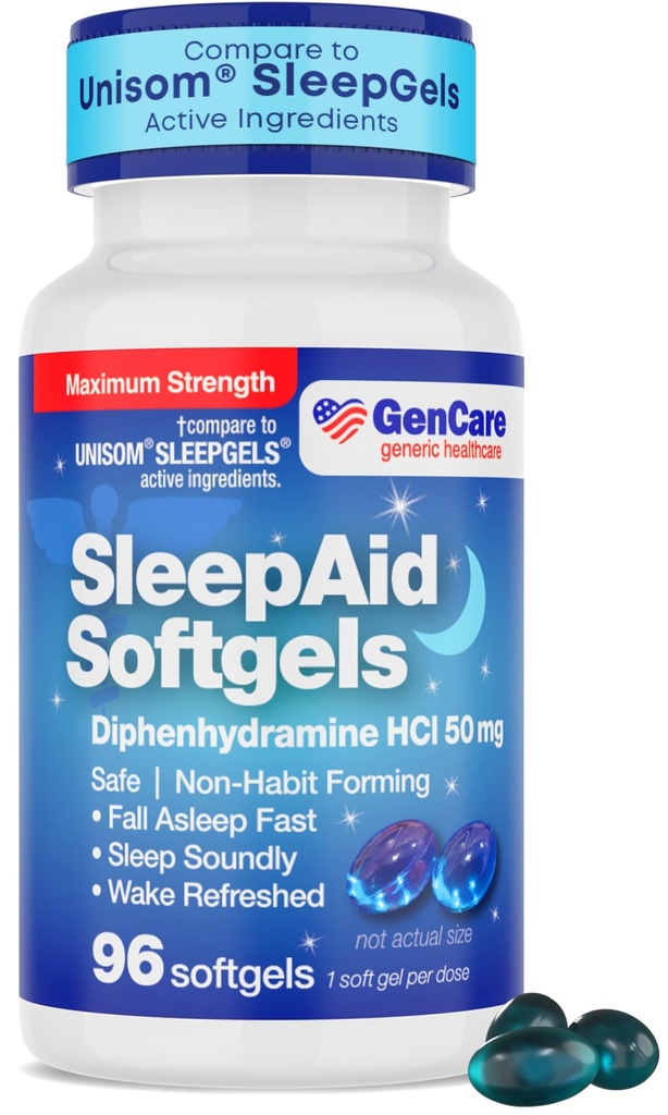 GenCare Maximum Strength Nighttime Sleep Aid Supplement for Adults Deep Sleep Pills with Diphenhydramine HCl 50mg to Fall Asleep Γρηγορότερα- Ισχυρό Μη-Habit Forming PM Sleeping Relief [96 Softgels]