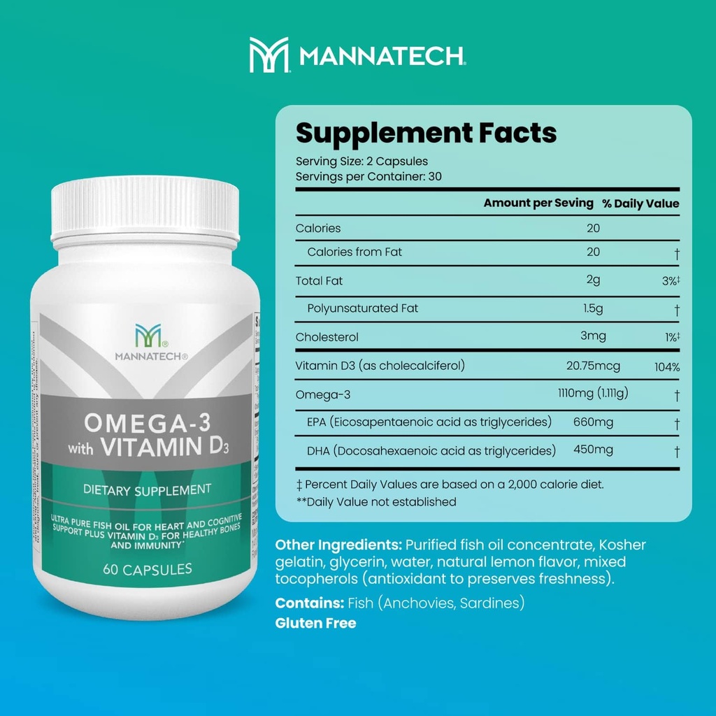 Mannatech Omega-3 με βιταμίνη D3 για την υγεία των οστών, την καρδιά και τη γνωστική υποστήριξη, από καθαρό ιχθυέλαιο