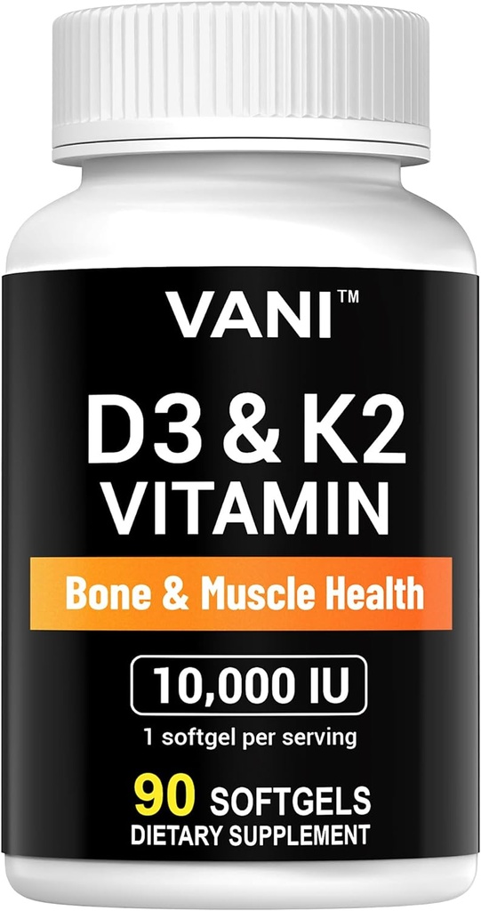 VANI Βιταμίνες D3 (10000iu/250mcg) + K2 (ως Mk7), για την υγεία των οστών και των μυών & των δοντιών, 90 SOFTGELS