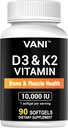 VANI Βιταμίνες D3 (10000iu/250mcg) + K2 (ως Mk7), για την υγεία των οστών και των μυών & των δοντιών, 90 SOFTGELS