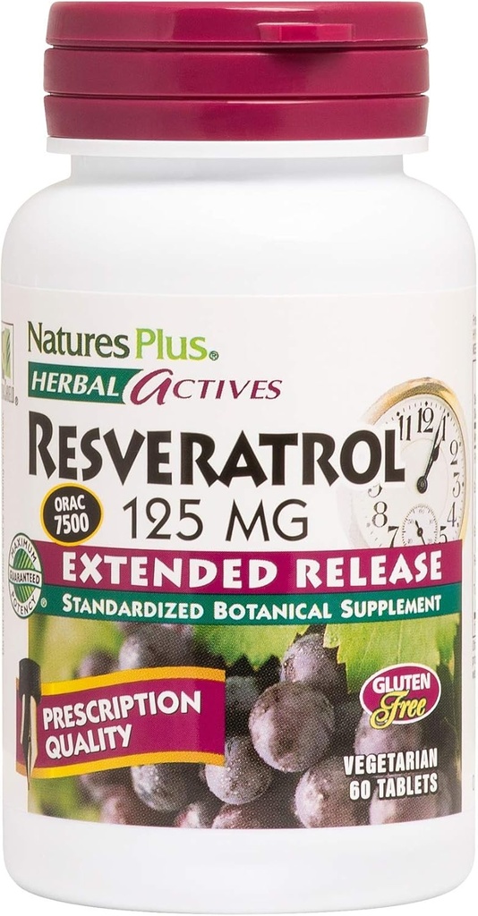 Natures Plus Herbal Actives Resveratrol, Extended Release - 125 mg, 60 χορτοφαγικά δισκία - Χωρίς γλουτένη - 30 Σερβιέτες