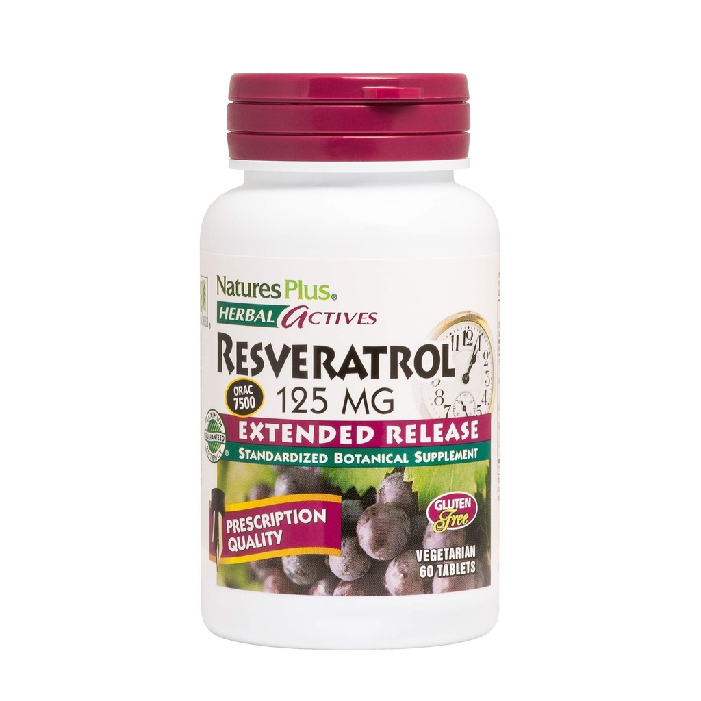 Natures Plus Herbal Actives Resveratrol, Extended Release - 125 mg, 60 χορτοφαγικά δισκία - Χωρίς γλουτένη - 30 Σερβιέτες