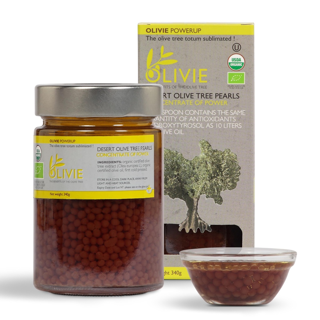 OLIVIE PowerUp Desert Olive Tree Pearls, Organic Extract, 340g | 1 Tsp Delivers Hydroxytyrosol = 10 L Regular EVOO, Polyphenol-Rich, Research Backed to Support Cognitive Function