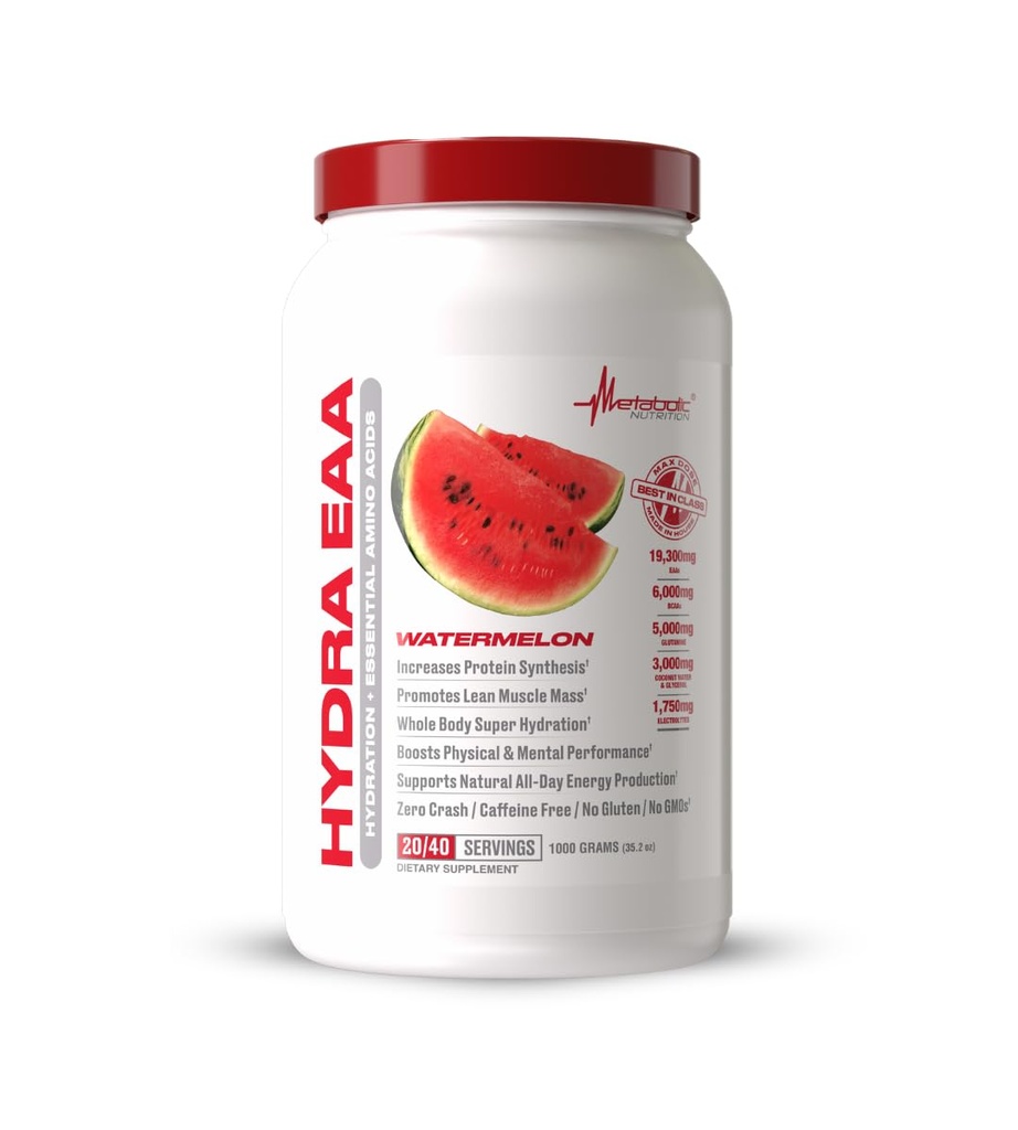 Metabolic Nutrition Hydra EAA, 1000g of Essential Amino Acids + Hydration, EAAs, BCAAs, Glutamine, Electorlytes, Coconut Water & Glycerol, Amazing Flavors (Watermelon, 1000g)