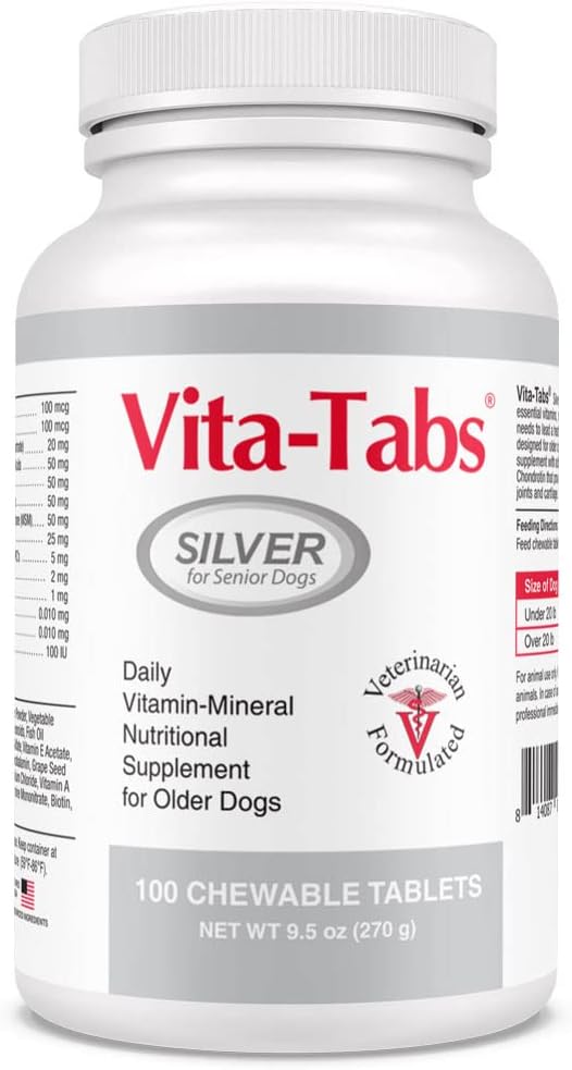 Ασημί - Βιταμίνες, Ορυκτά, Θρεπτικά συστατικά - Υποστήριξη για Senior Dog - Συμπλήρωμα για υγιή οστά, Κοινή, Ενέργεια, ανοσοποιητικό σύστημα - 100 Μασώμενα δισκία