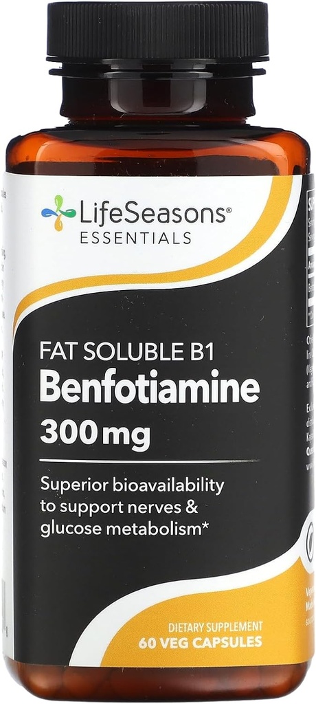 LifeSeasons Essentials Benfotiamine - Fat Soluble B1 - Υποστηρίζει υγιή κυκλοφορία & Όραμα - Ενισχύει τη μνήμη & Γνωστική Απόδοση - Ισχυρό Αντιοξειδωτικό - 60 κάψουλες