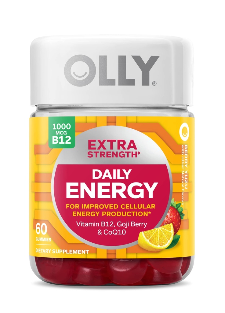 OLLY επιπλέον δύναμη καθημερινή ενέργεια Gummy, χωρίς καφεΐνη, 1000mcg βιταμίνη B12, CoQ10, Goji Berry, συμπλήρωμα μάσημα ενηλίκων, Berry Yuzu Γεύση - 60 κόμης