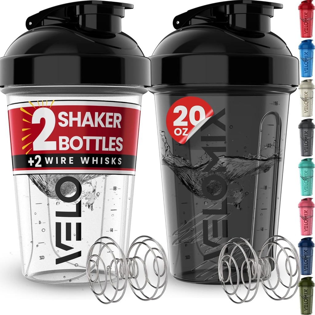 VELOMIX -2 Pack- 20 oz μπουκάλια αναδευτήρα πρωτεΐνης για μείγματα πρωτεϊνών - 2x σύρμα Whisk 