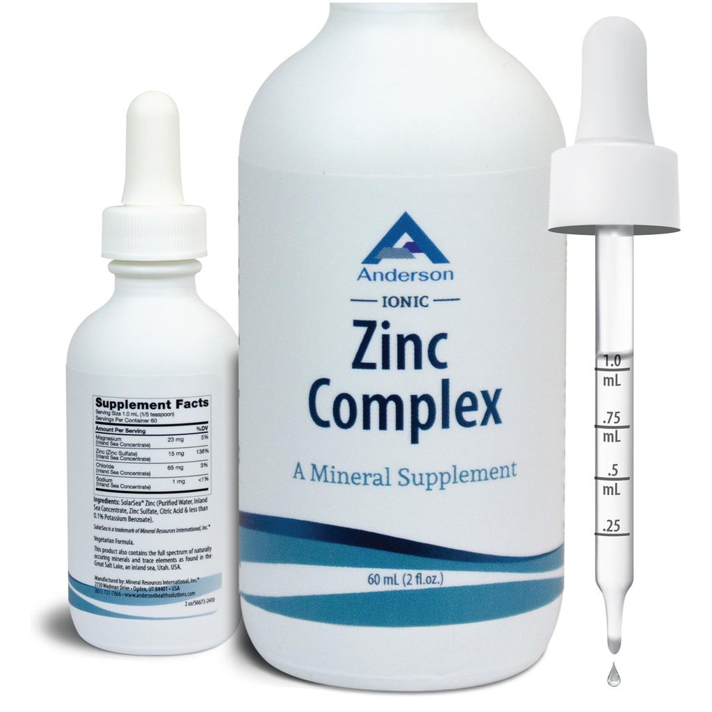 Anderson Ionic Zinc Complex, Υγρές σταγόνες για την υποστήριξη του ανοσοποιητικού, 15mg θειικό ψευδάργυρο ανά υπηρεσία, Ισορροπημένο Trace Mineral Dietary συμπλήρωμα για γυναίκες, άνδρες, 60 εξυπηρετούν, 2oz μπουκάλι