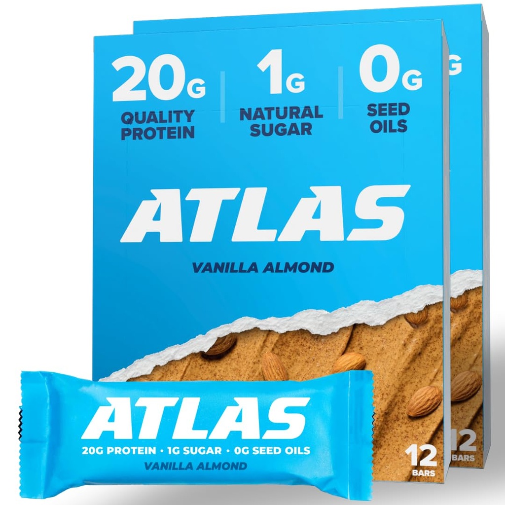 Atlas Protein Bar – 20g Clean Protein, 1g Natural Sugar, No Seed Oils, Gluten Free, No Artificial Sweeteners - Vanilla Almond 24 Count
