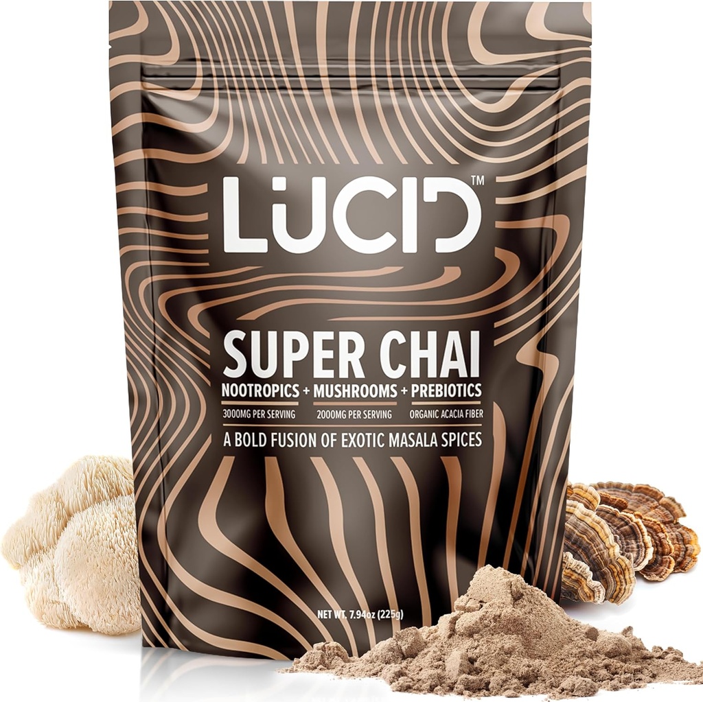 Lucid Superfood Organic Mushroom Chai with Nootropics - Lion's Mane, Tremella, Cordyceps & Turkey Tail - Instant Mushroom Chai Focus Brain Health - Alpha GPC, L-Theanine, Ginko Biloba - USA Made