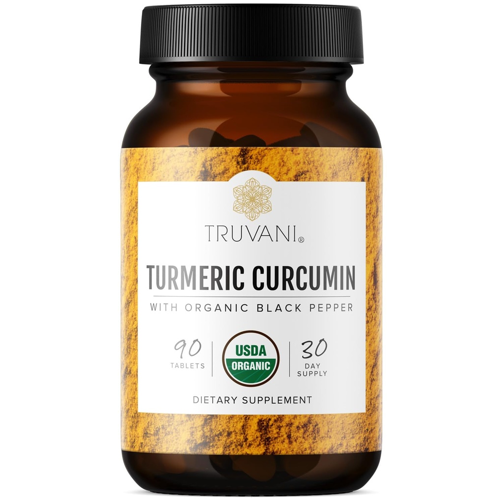 Truvani Organic Turmeric Curcumin Tablets 1.350 mg Κάθε - Φυσική Κοινή Υποστήριξη με Μαύρο Πιπέρι για Απορρόφηση - 90 Δισκία