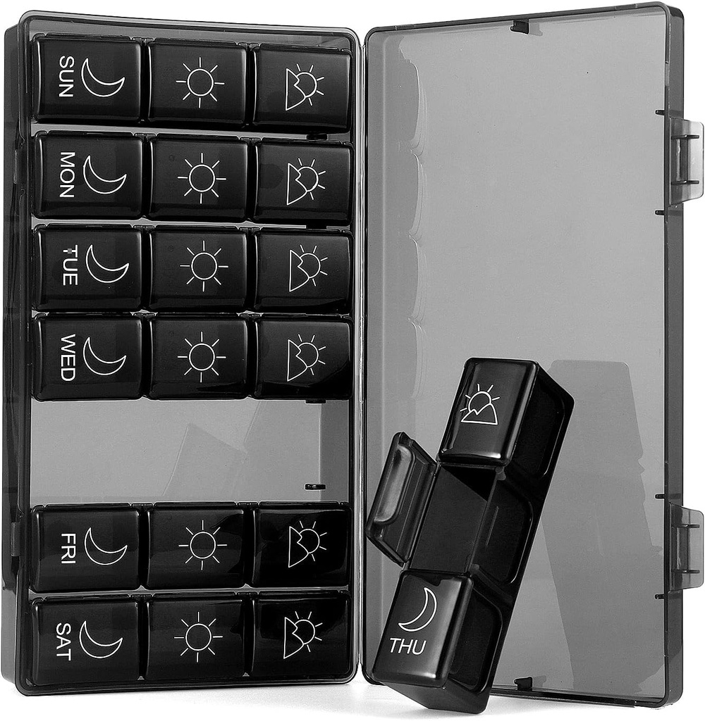 Εβδομαδιαία Διοργανωτής Χάπια 7 Ημέρα 3 φορές, Φορητός Διοργανωτής Χάπια, BPA Δωρεάν Χάπια Υπόθεση, Ταξίδι Daily Pill Box Υπενθύμιση, Θεραπευτικός Διοργανωτής για Βιταμίνες, Συμπληρώματα (Μαύρο1)