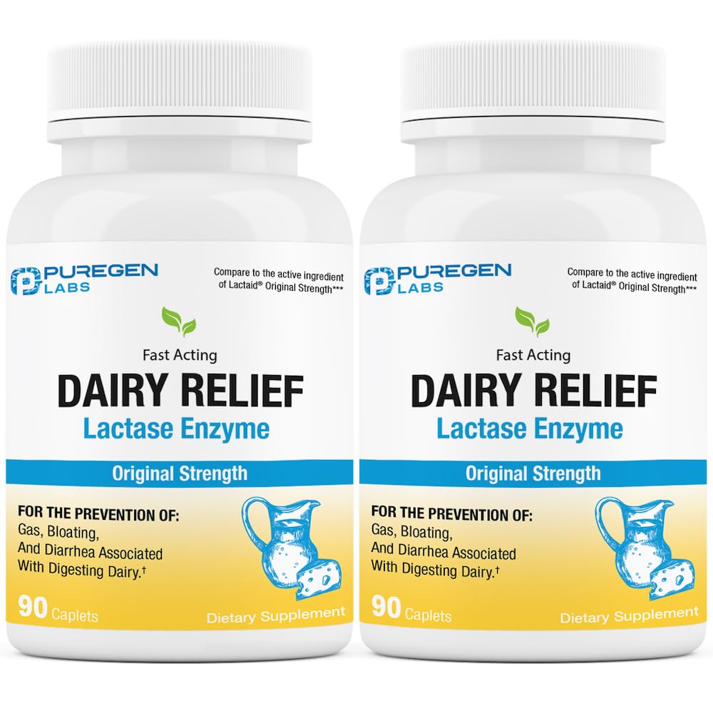Puregen Labs Dairy Relief Φυσικό εύθραυστο ένζυμο Lactase 3000 FCC, χάπια δυσανεξίας λακτόζης 2 Pack - 180 Caplets Σύνολο
