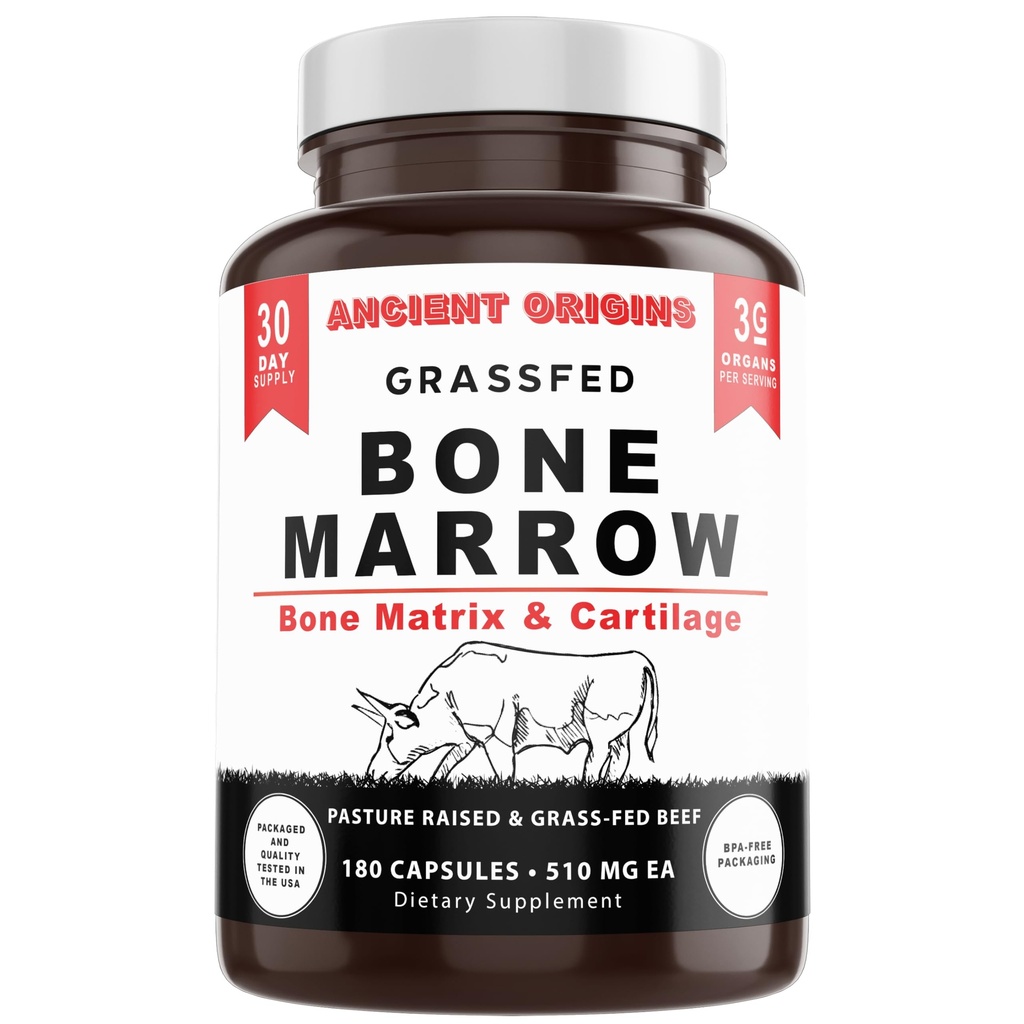 Grass Fed Bone Marrow Supplement, 3060mg, Skin, Oral Health, and Joint Support Supplement, Promotes Whole-Body Wellness, Non GMO Whole Bone Extract, 180 Capsules
