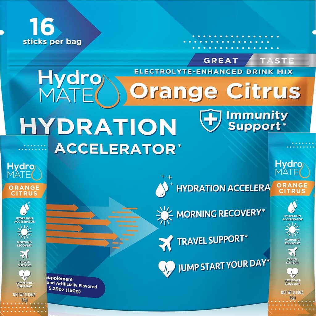 HydroMATE Ηλεκτρολυτές σκόνης με χαμηλή ζάχαρη - 16 στιγμιαία πακέτα ενυδάτωσης με βιταμίνη C Πορτοκαλί για την ενίσχυση της ενέργειας - χαμηλής ζάχαρης Ηλεκτρολυτές σκόνη πακέτα για την υποστήριξη της ενυδάτωσης για γρήγορη ανάκτηση μερών