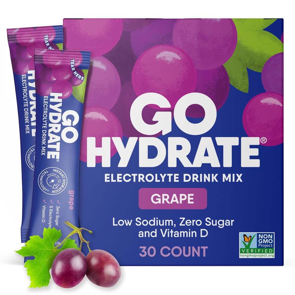 GoHydrate Instant Hydration Powder Packets - Low Sodium Electrolytes Drink Mix - Φυσική Ενυδάτωση Υποστήριξη, Ζάχαρη Δωρεάν Ηλεκτρόλυτη Γεύση Ποτό με Βιταμίνη D, 30 συσκευασίες, Σταφύλια