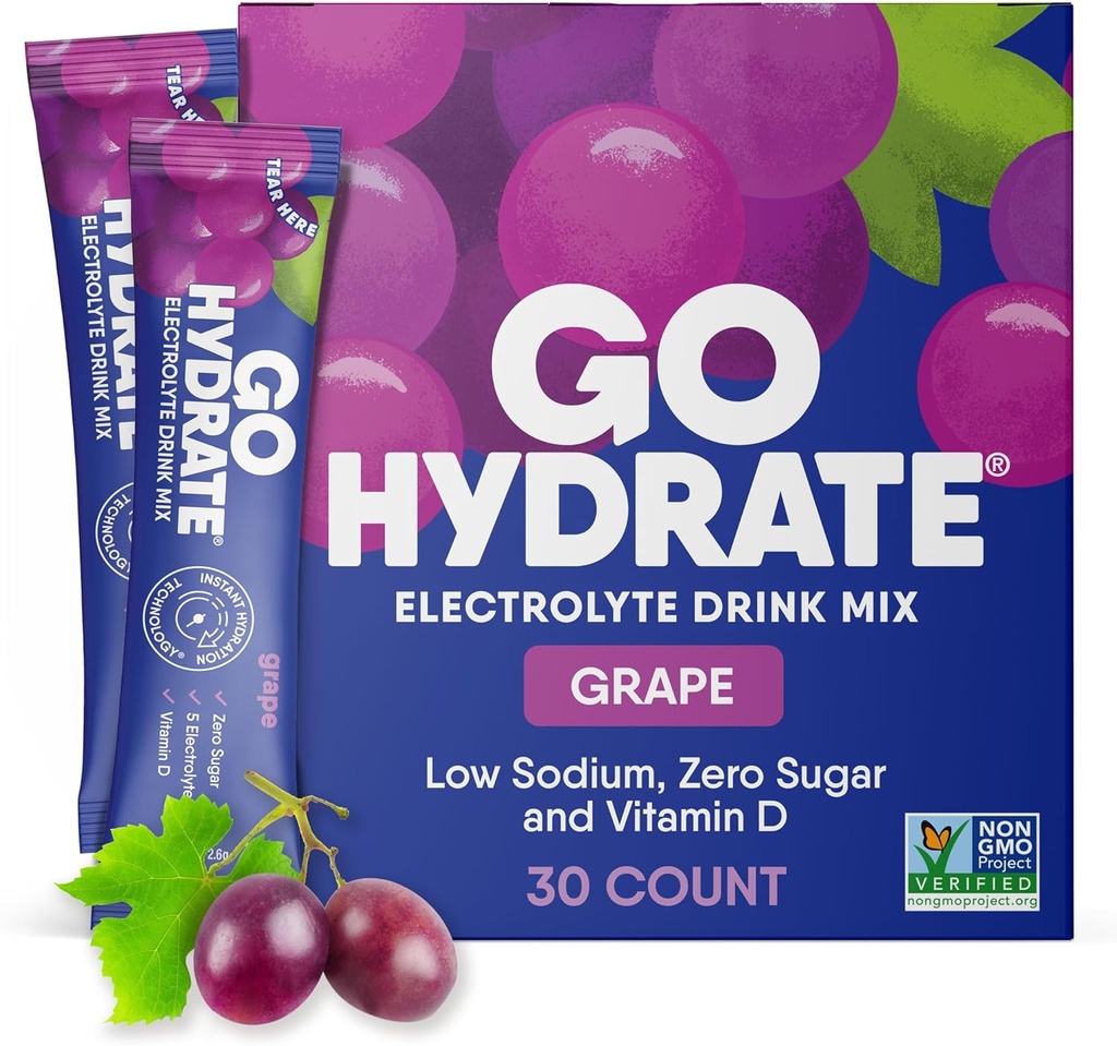 GoHydrate Instant Hydration Powder Packets - Low Sodium Electrolytes Drink Mix - Natural Hydration Support, Sugar Free Electrolyte Flavored Powder Drink with Vitamin D, 30 Packs, Grape