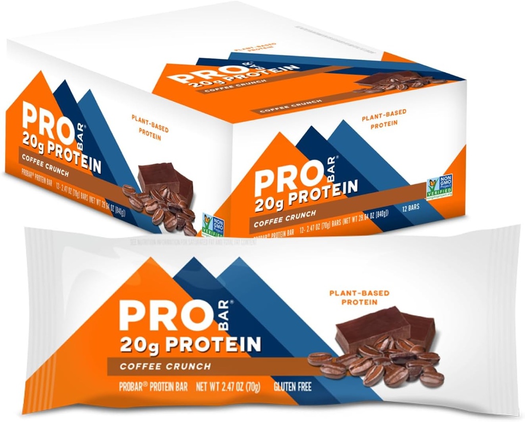 PROBAR - Protein Bar, Crunch καφέ, Μη-GMO, Χωρίς γλουτένη, Υγιεινή, με βάση τα φυτά, ολόκληρα συστατικά τροφίμων, Φυσική ενέργεια (12 κόμη)
