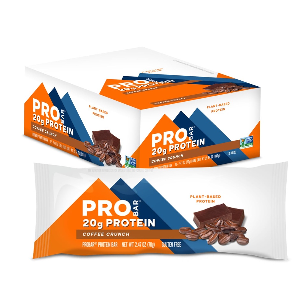 PROBAR - Protein Bar, Crunch καφέ, Μη-GMO, Χωρίς γλουτένη, Υγιεινή, με βάση τα φυτά, ολόκληρα συστατικά τροφίμων, Φυσική ενέργεια (12 κόμη)